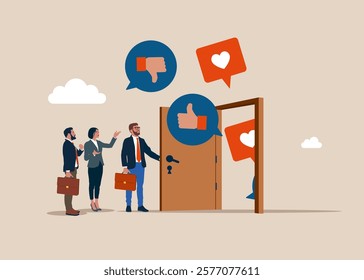 Business people opening a door to see Social media positive and negative feedback vision. Discussion, conversation, meeting, team communication. Social media communication. 