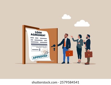 Business people opening a door to see to loan agreement. Loan agreement borrow money from bank, mortgage, debt or obligation to pay back interest rate, personal loan or financial support concept. 