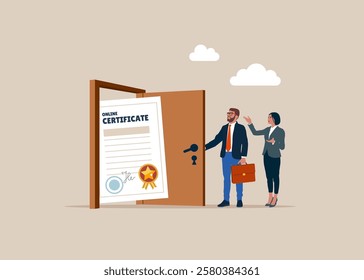 Business people opening a door to see to see certificate and award paper. Best graduate, cum laude. Modern flat vector illustration 