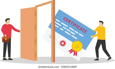 Business people opening a door to see to see certificate and award paper. Best graduate, cum laude. Modern flat vector illustration

