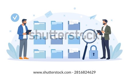 Business People Organize Document File into Archive Folders to be Index. Businessmen Searching Documents on Database, Administration Work. Employee Arrange Online Data or Paperwork. Vector Illustration