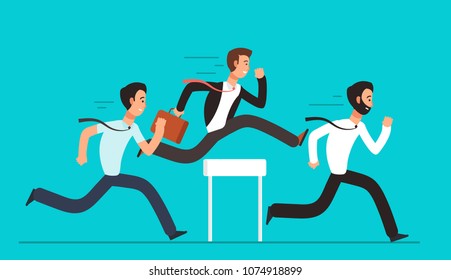 Business people overcome hurdles. Steeplechase competition, leadership overcoming vector concept. Success leader run to hurdle illustration