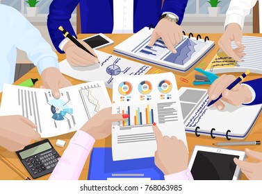 Business people and papers with diagrams and important information, workers trying to find solution to existing problem, vector illustration