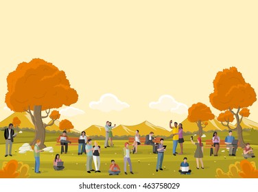 Business people in a park with smart phones and computers. Nature landscape.