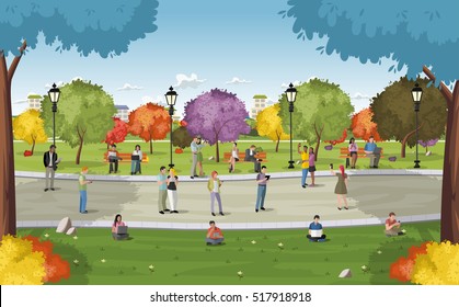 Business People In A Park With Smart Phones And Computers. Nature Landscape.
