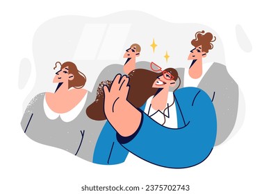 Business people participate in professional seminar to improve skills and networking. Woman visitor to business training raises hand with smile, wanting to ask question to motivational trainer.