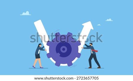 Business people partner help rotate gear cogwheel to make arrow rising up. Business transformation or improvement, execution workflow to increase productivity and efficiency, investment profit.