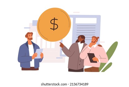 Business people, partners and coin, corporate revenue, earnings. Financial capital, income and profit concept. Finance management in company. Flat vector illustration isolated on white background