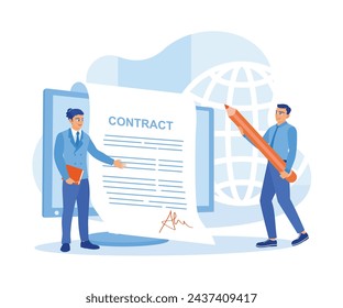 Business people and business partners sign contracts online on the computer. Contract agreement concept. Flat vector illustration.