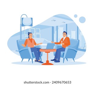 Business people and business partners sitting in armchairs solving financial problems. Bankers tell clients about bank services. Discuss Information concept. Trend Modern vector flat illustration