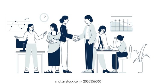 Business people partnership concept. Meeting professional, businesswomen office team. Discussion and communication recent vector scene