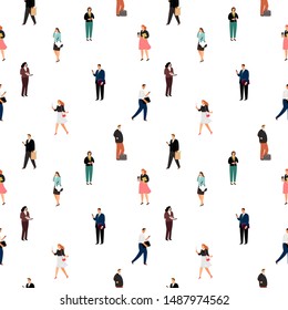 Business people pattern. Vector youthful happy women and smiling faces men seamless illustration, youths persons white background