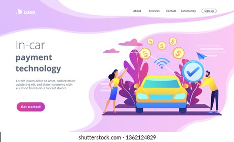 Business people paying in vehicle equiped with in-car payment system. In vehicle payments, in-car payment technology, modern retail services concept. Website vibrant violet landing web page template.