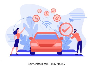 Business people paying in vehicle equiped with in-car payment system. In vehicle payments, in-car payment technology, modern retail services concept. Pinkish coral bluevector isolated illustration