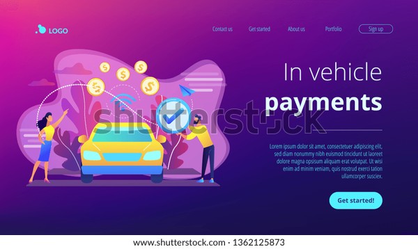 Business people paying in vehicle equiped with\
in-car payment system. In vehicle payments, in-car payment\
technology, modern retail services concept. Website vibrant violet\
landing web page\
template.
