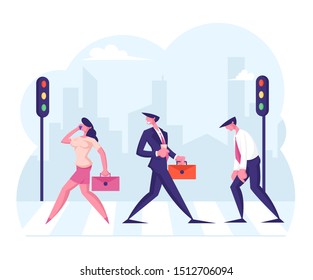 Business People Pedestrians Walking on City Street by Zebra Men and Women Characters Hurry at Work on Urban Background with Traffic Lights and Crosswalk Moving by Road. Flat Vector Illustration