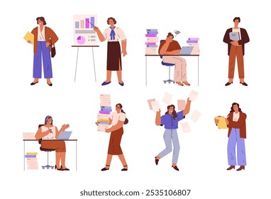 Business people performing office tasks. Vector illustration set of office workers: presenting, working at desk, carrying documents, holding clipboard, and stressed with paperwork.