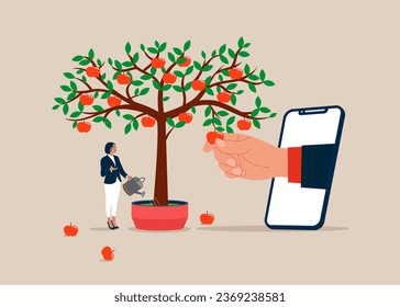 Business people picking apples from tree. Idea, Financial growth. Flat vector illustration