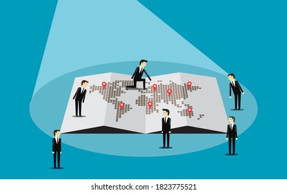 Business people pin target in the world map. Vector illustration in flat style