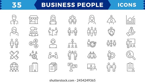  Business people Pixel perfect icons, outline icon collection,Businessman outline icons collection. Teamwork, human resources, meeting, partnership,Editable Stroke.
