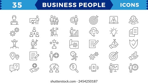  Business people Pixel perfect icons, outline icon collection,Businessman outline icons collection. Teamwork, human resources, meeting, partnership,Editable Stroke.
