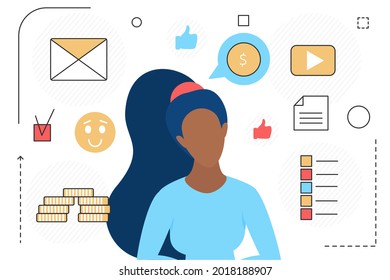 Business people planning, to do list, time management to achieve financial success vector illustration. Cartoon woman character and money cash, email, to do list thin line icons isolated on white