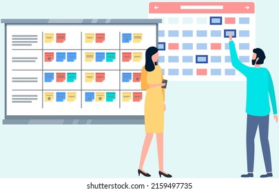 Business people planning schedule. Time management, tasks scheduling, work with calendar, reminder. Save time and money concept. Employees work to create weekly plan or timetable vector illustration