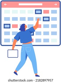 Business People Planning Schedule. Time Management, Tasks Scheduling, Work With Calendar, Reminder. Save Time And Money Concept. Employee Works To Create Weekly Plan Or Timetable Vector Illustration