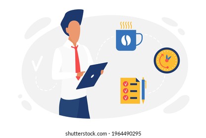 Business people planning, time management concept vector illustration. Cartoon businessman manager character holding tablet, making work plan with coffee break and clock symbols isolated on white