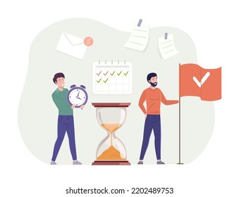 Business people planning time for productive efficiency work. Office team organizing working time, completing tasks and achieving goals. Workflow organization, time management, deadline flat vector