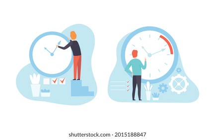 Proceso de trabajo de planificación de personas de negocios con conjunto de reloj de pared, administración de tiempo e iluminación de vectores planos de línea de fecha límite