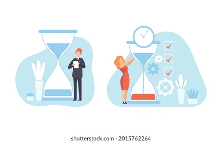 Business People Planning Working Process with Hourglass Set, Time Management and Deadline Concept Flat Vector Illustration