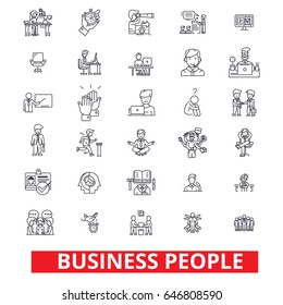 Business people, planning, working, teamwork, human resources, management line icons. Editable strokes. Flat design vector illustration symbol concept. Linear signs isolated on white background
