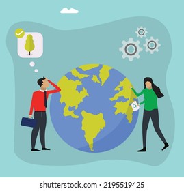 Business People Planting The Earth Vector Flat Illustration, Saving The Planet, World Environment Day, Bio Technology, People Implement The Green Idea