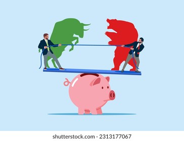 Los empresarios juegan un juego de tira y afloja en escalas, tirando de lados opuestos de cuerda. Pelea de oso y toro. Símbolo de los mercados financieros. Ilustración vectorial plana