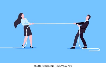 Business people play tug of war by pulling the rope. Business concept of competition in office space with two leaders, flat style design vector illustration. Confrontation and conflict metaphor