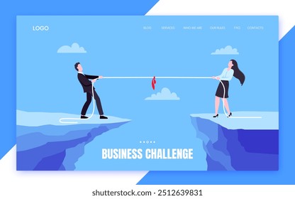 Business people play tug of war by pulling the rope. Business concept of competition in office space with two leaders, flat style design vector illustration. Confrontation and conflict metaphor