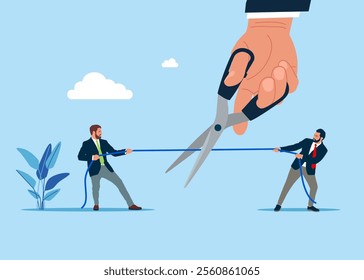 Business people play tug of war game, pulling opposite ends of rope. Finish fighting. Symbol of Financial markets. Flat vector illustration