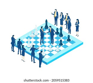 Business people playing chess game. Isometric environment design with lots of business people solving problems, finding solutions and helping each other. Global business, work as a team