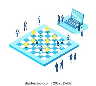 Business people playing chess game. Isometric environment design with lots of business people solving problems, finding solutions and helping each other. Global business, work as a team