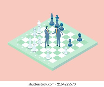 Business people playing chess. Isometric business environment. 