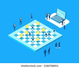 Business people playing chess. Isometric business environment.