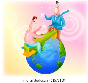 Business People - playing a seesaw with happy smiling young workers on a blue planet background with beautiful pink and yellow patterns : vector illustration