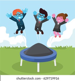 business people playing with trampoline