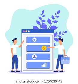 Business people point their charts at the digital screen. Team work. Business presentation. Flat vector illustration.