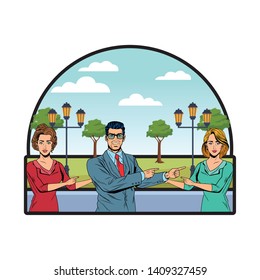 business people pointing each other avatar cartoon character outdoor in the park vector illustration graphic design