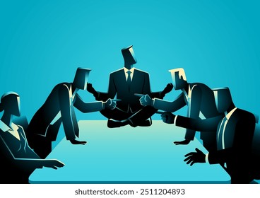 Business people pointing at each other in a heated debate during a meeting, while their boss calmly practices yoga on the table. Concept for stress management, leadership, and workplace conflict