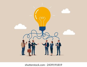 Business people pointing excellent idea electric lamps bulbs. Flat vector illustration