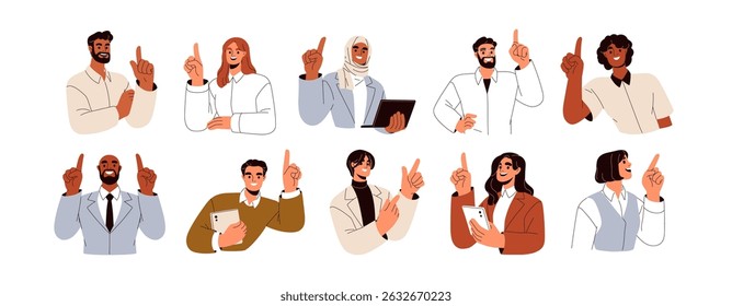 Business people pointing up with finger, set. Male and female professionals presenting, showing with upward hand gesture, explaining, advertising. Flat vector illustration isolated on white background
