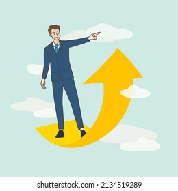 Business people pointing forward on an upward arrow in the sky. Business concept. Hand draw style. Vector illustration.